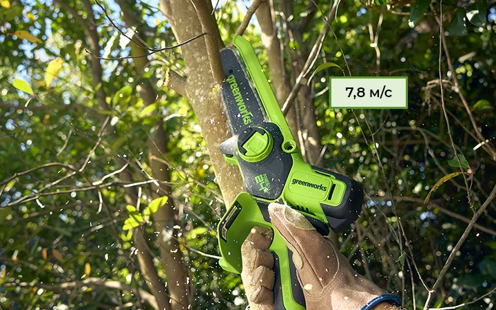 Скорость движения цепи без нагрузки составляет 7,8 м/с Цепная пила в действии