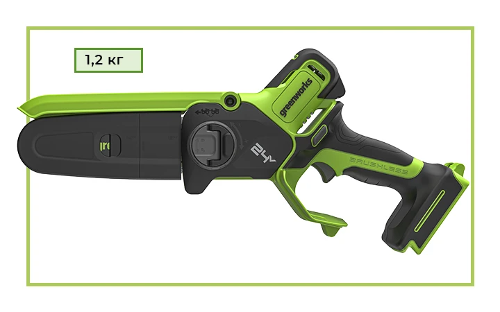 Инструмент отличается минимальным весом - всего 1,2 кг Цепная пила с защитным кожухом