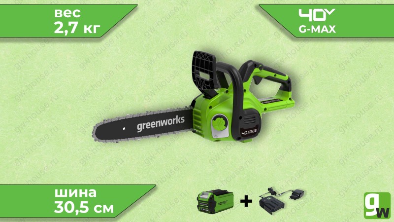  Цепная пила аккумуляторная Greenworks G40CS30IIK2, 40V, 30 см,  с 1* АКБ 2АЧ и ЗУ (0)