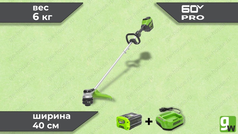  Триммер аккумуляторный Greenworks GD60LTK2, 60V, 40 см, c 1хАКБ 2 А/ч и ЗУ (0)