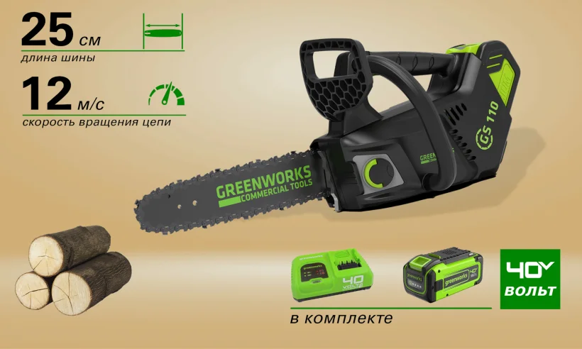 ПилацепнаяодноручнаяаккумуляторнаяGreenWorksGD40TCSK8(арбориста),40V,25,4см,бесщеточная,с1хАКБ8АчибыстрымЗУ